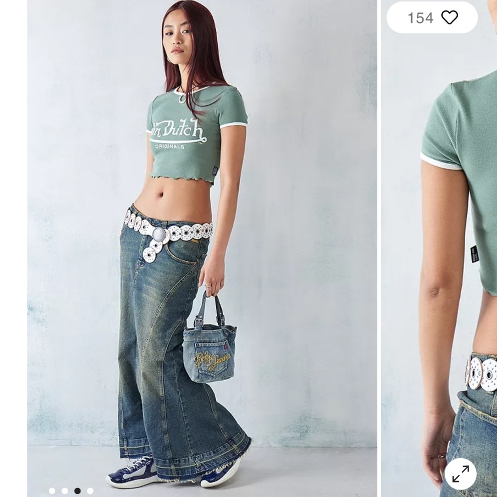 Vintage Insipred Von Dutch Medium Sage Green Ribbed Crop Baby Tee White Logo
